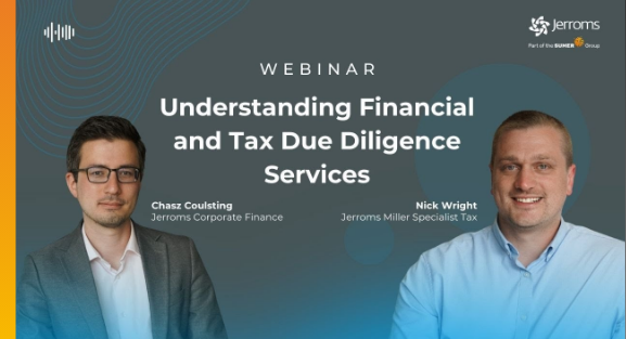Webinar graphic featuring Chasz Coulsting and Nick Wright for Understanding Financial and Tax Due Diligence Services.